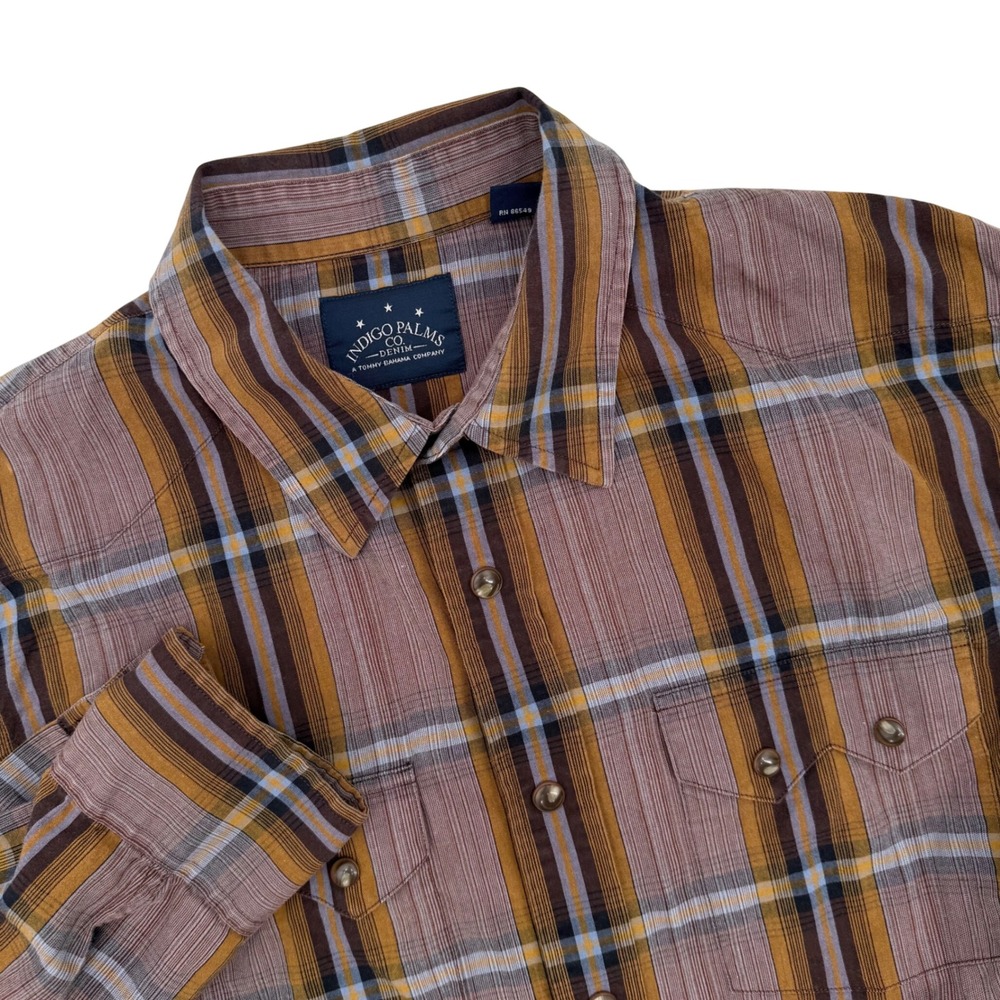 Indigo Palms Plaid‎ Pearl Snap Sawtooth  Button Up Shirt Mens L Brown Western